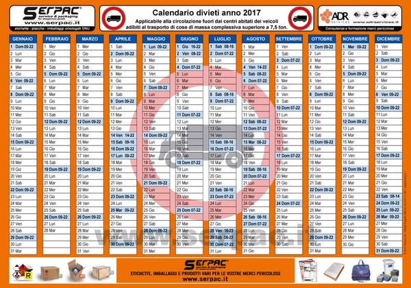 calendario divieti di circolazione camion 2017